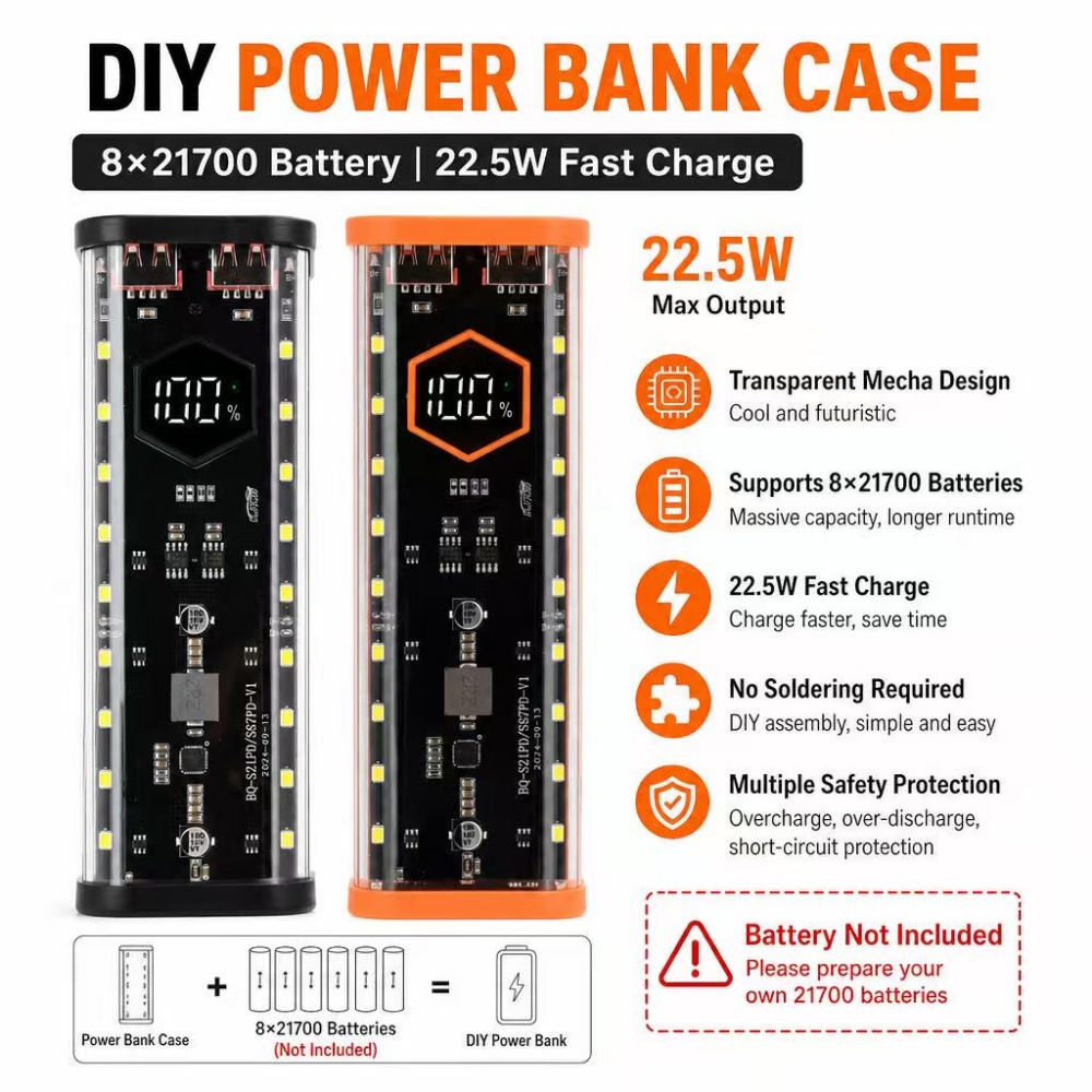 8*21700 Batterijhouder 22,5W S - Power Banks recensie en prijs